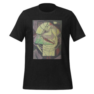 Black T-shirt with abstract colorful design.