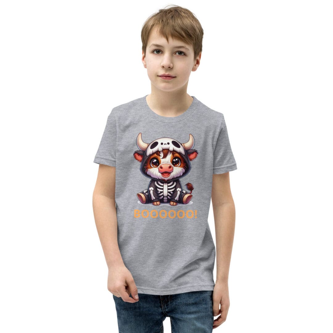 Boy wearing gray T-shirt featuring Halloween cow