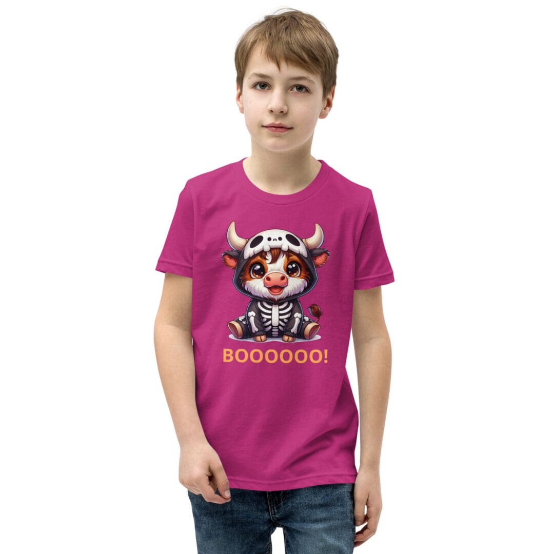 Child wearing pink T-shirt with skeleton cow