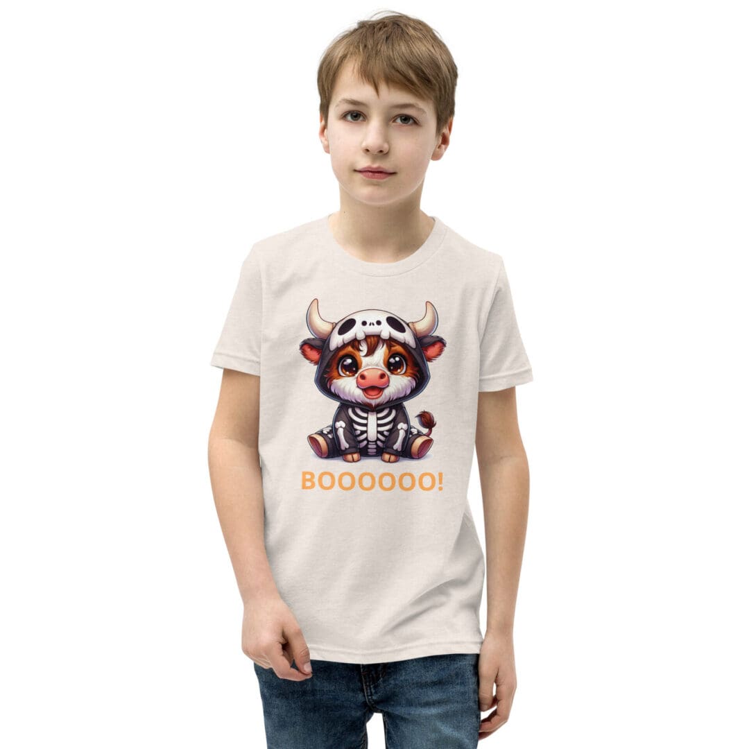Child in Halloween tee with cartoon skeleton cow