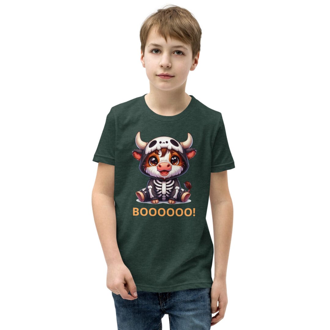 Boy wearing Halloween cow skeleton t-shirt