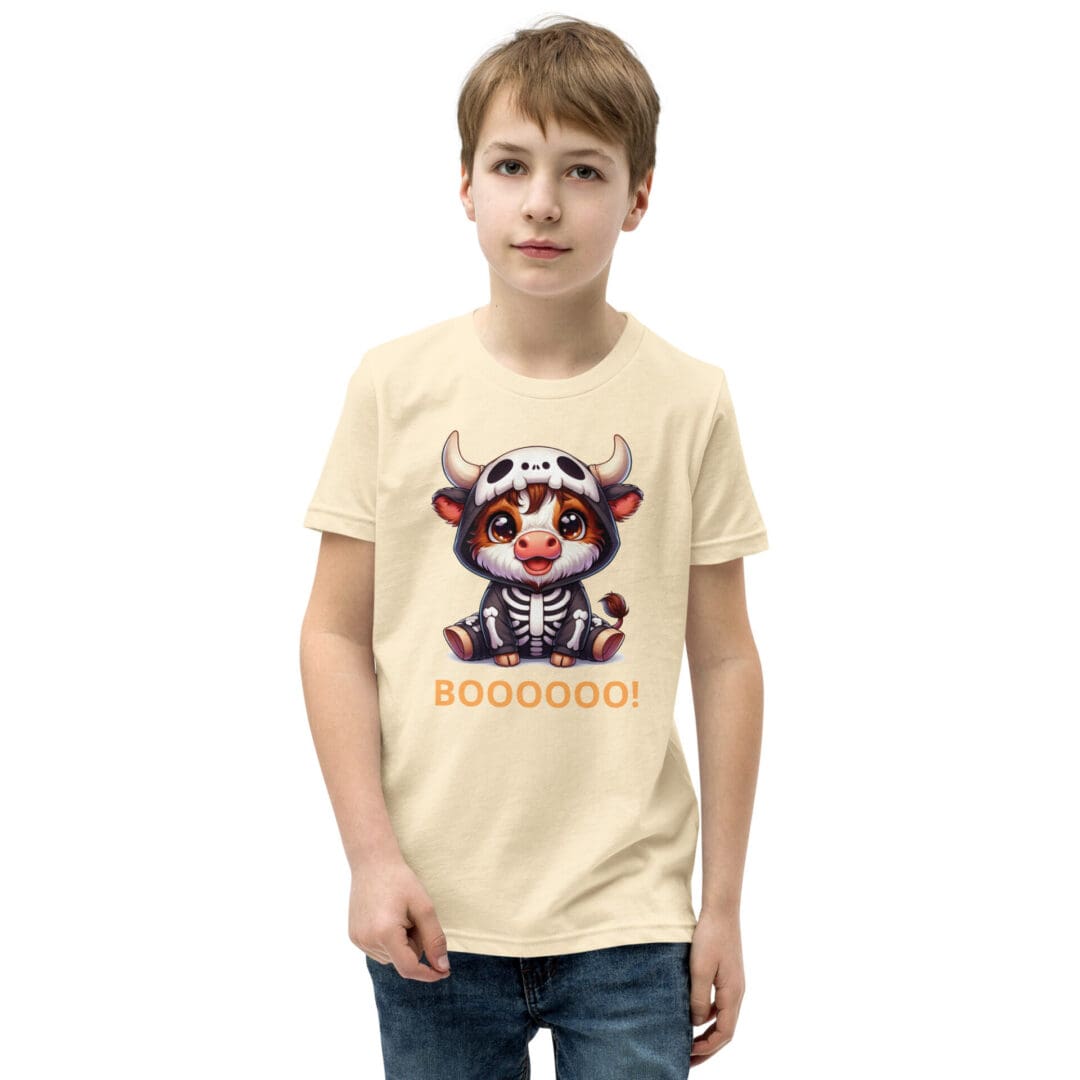 Child wearing cow-skeleton Halloween T-shirt