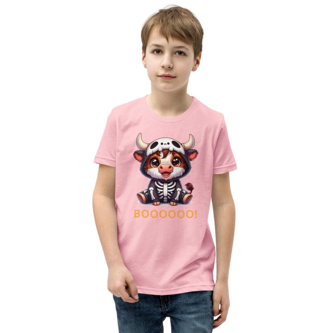 Boy wearing pink tee with skeleton cow
