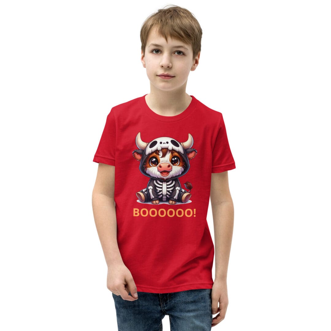 Boy in red tee with skeleton cow