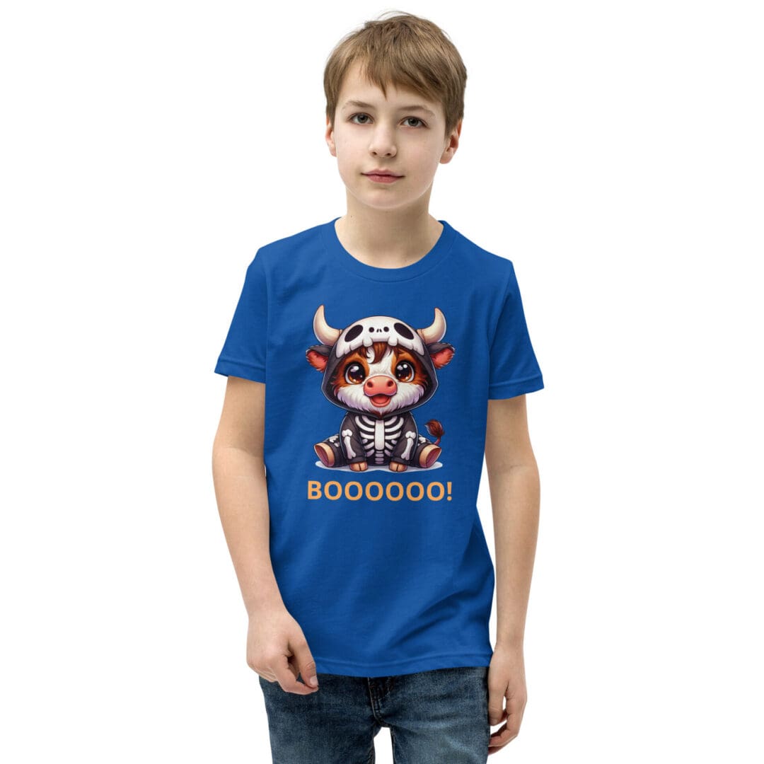Child wearing blue t-shirt with skeleton cow