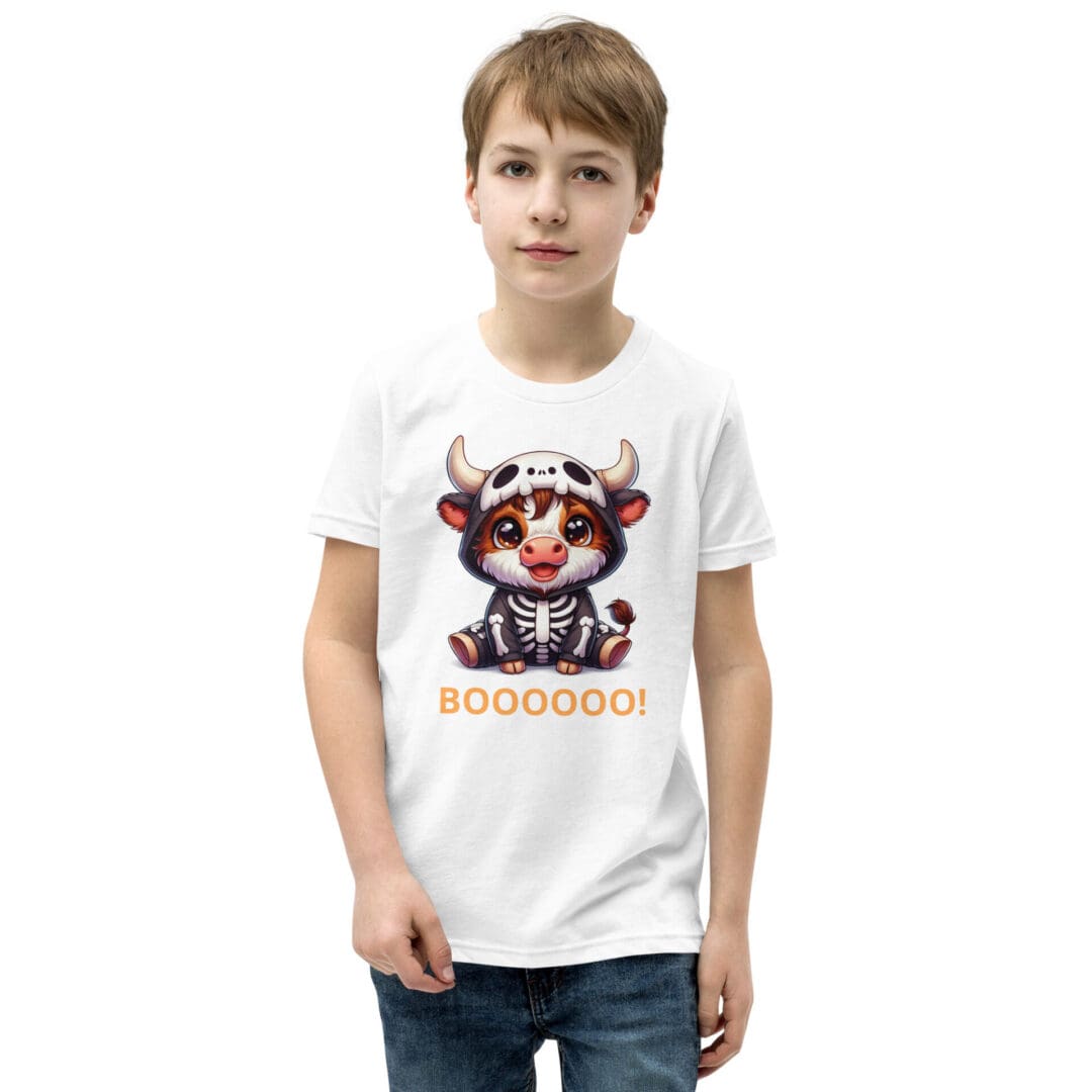 Boy wearing Halloween cow skeleton t-shirt