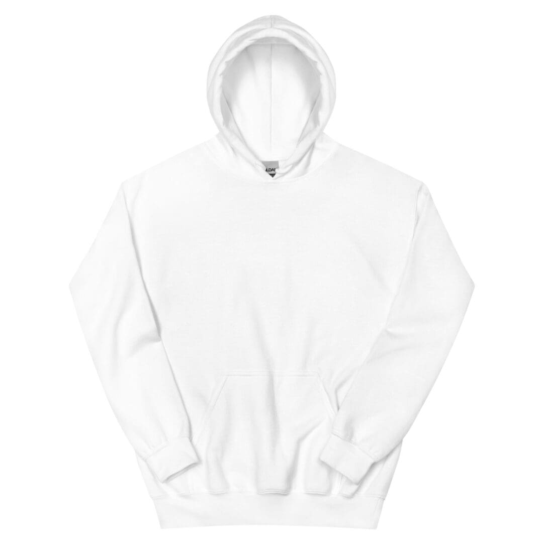 White hoodie with front pocket and hood.