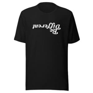 Black T-shirt with upside-down text.