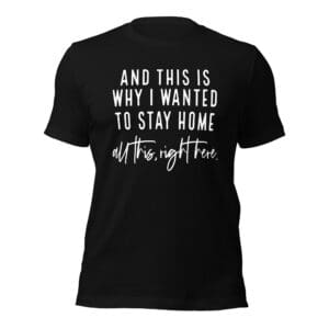 Black T-shirt with white text design.