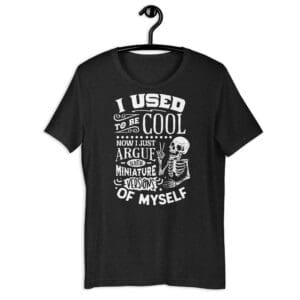 Black T-shirt with humorous skeleton design.