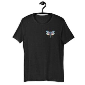 Black t-shirt with colorful butterfly design.