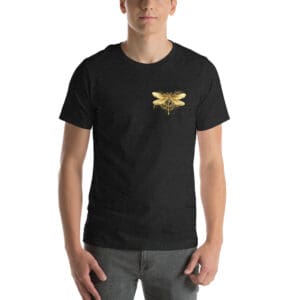 Man wearing black shirt with gold design.