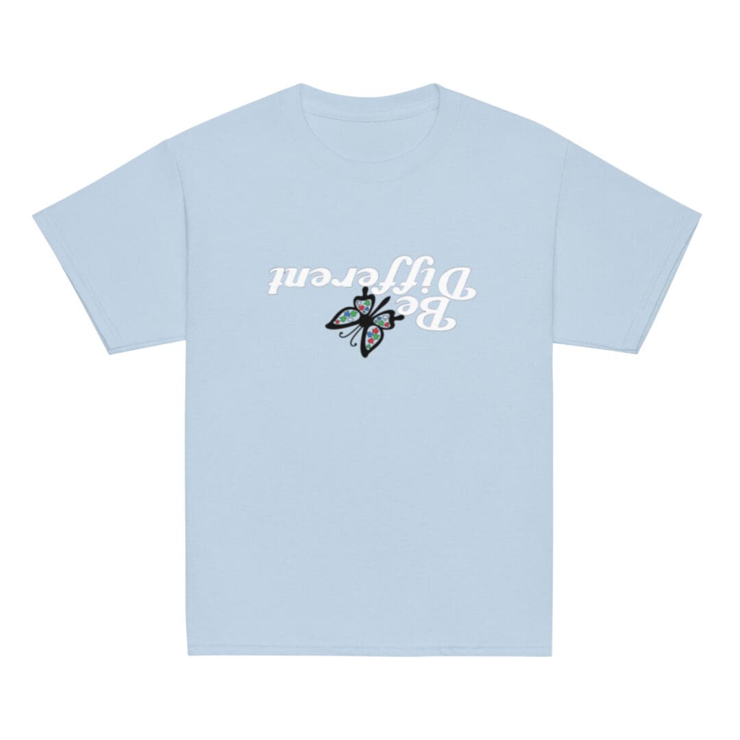 Blue t-shirt with butterfly and text design.