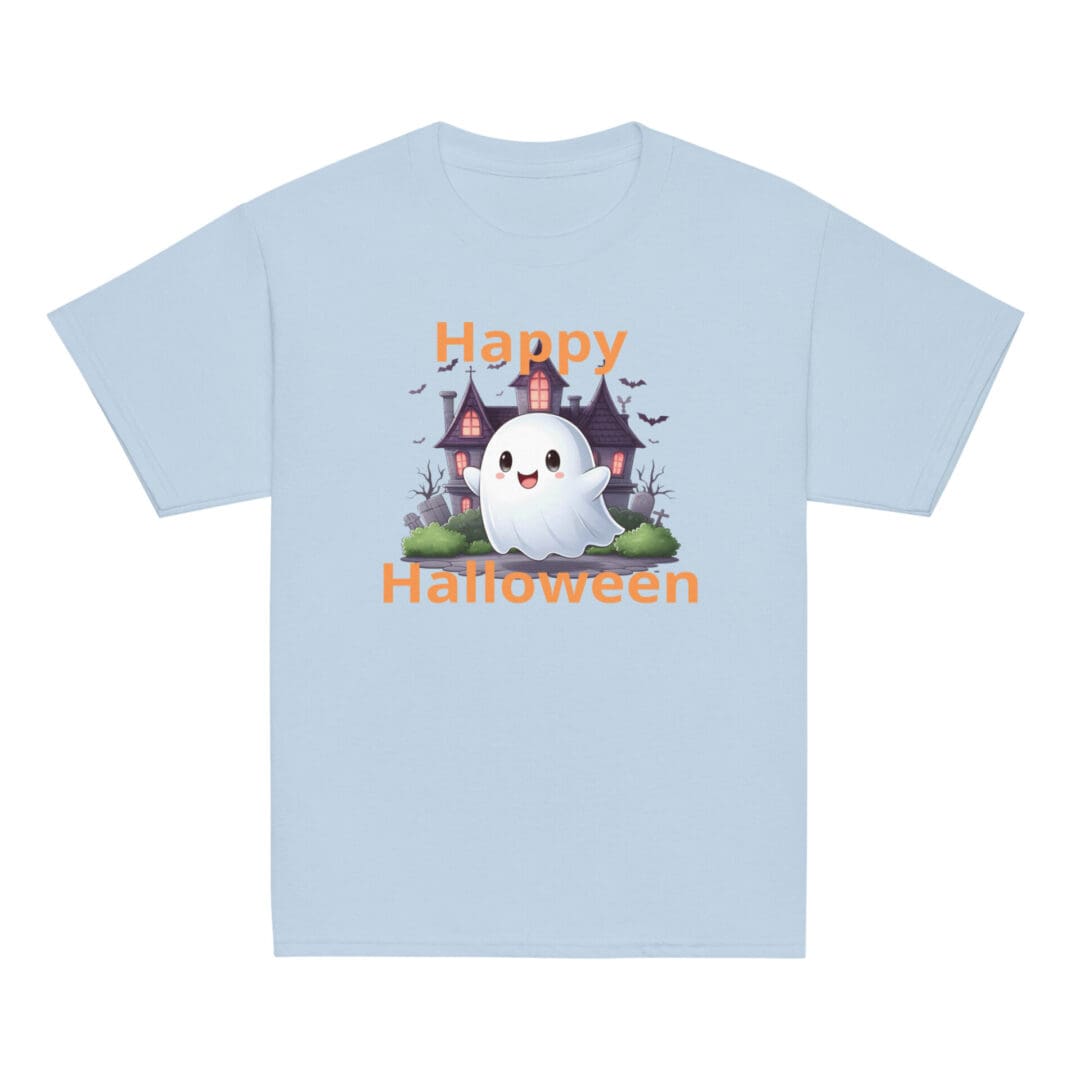 Light blue shirt with Halloween ghost design.