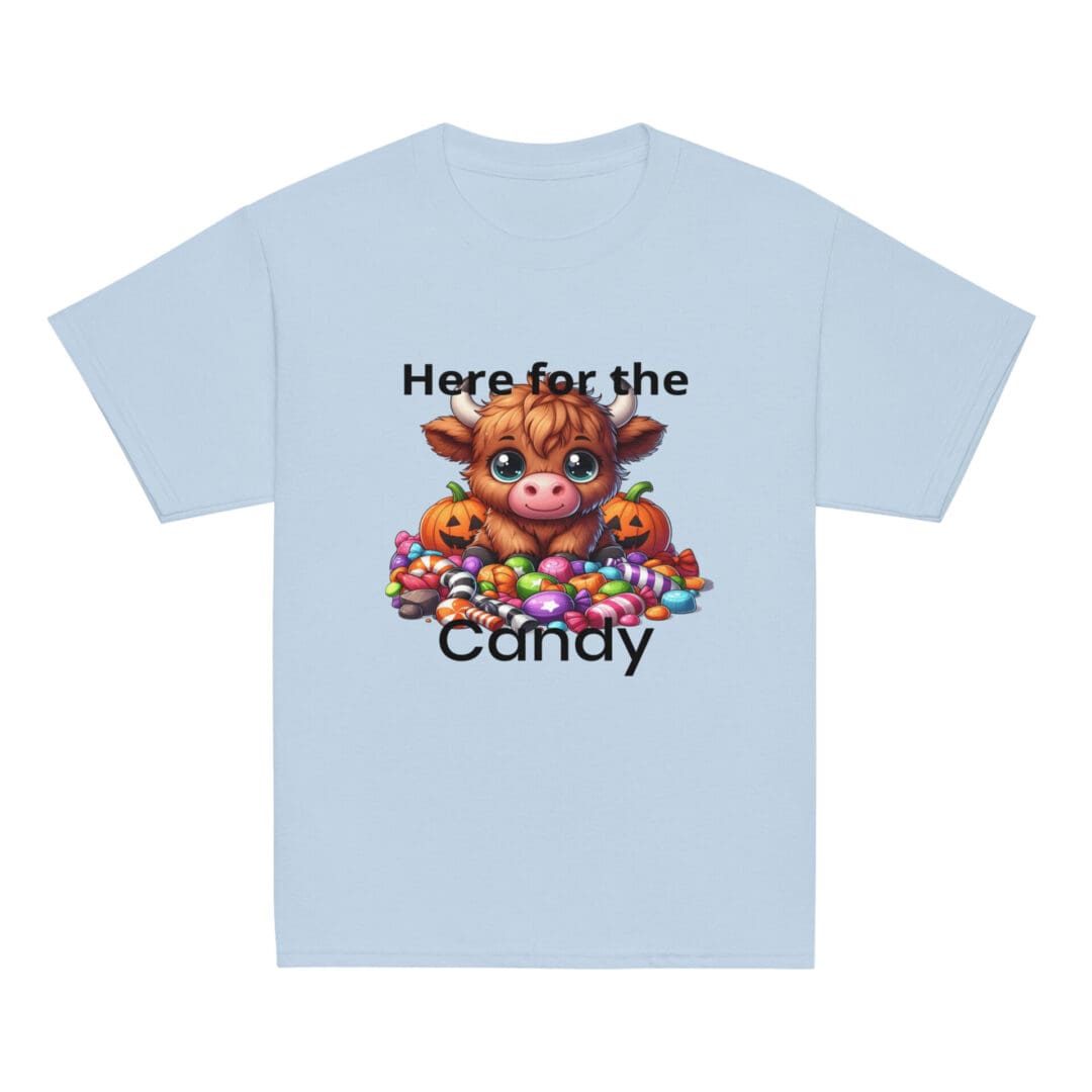 Cow cartoon with candy on t-shirt.