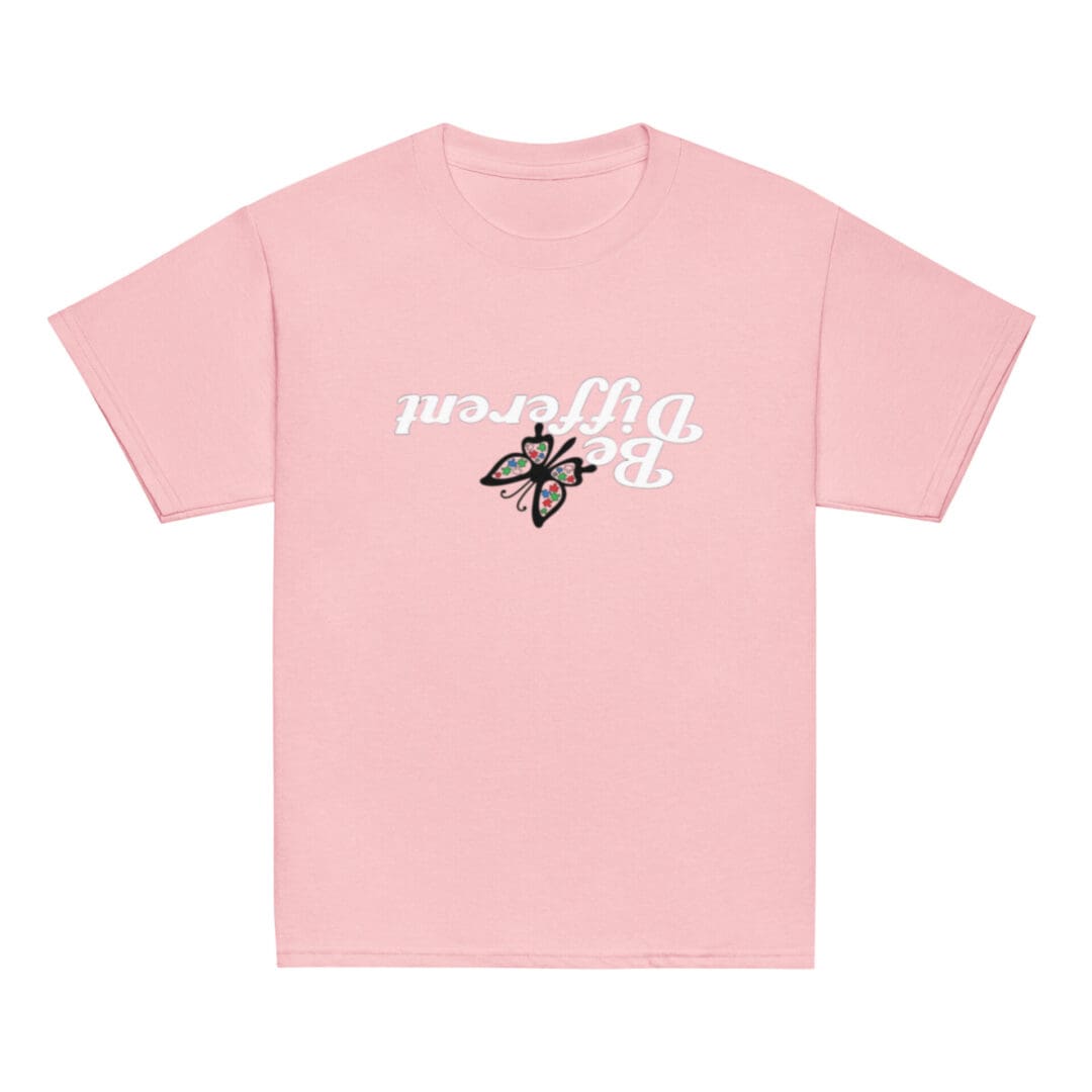 Pink t-shirt with butterfly and text.