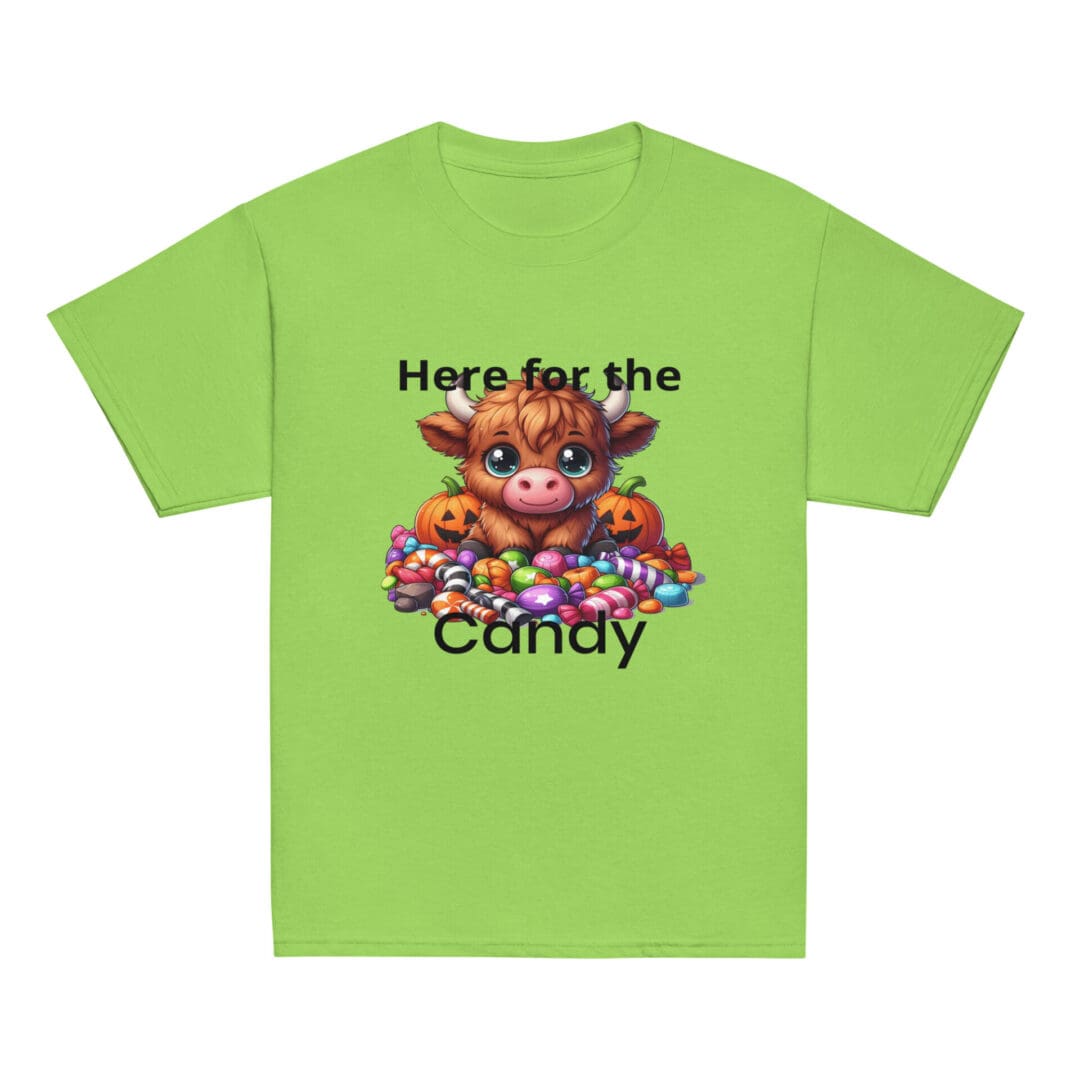 Green t-shirt with cow and candy design.