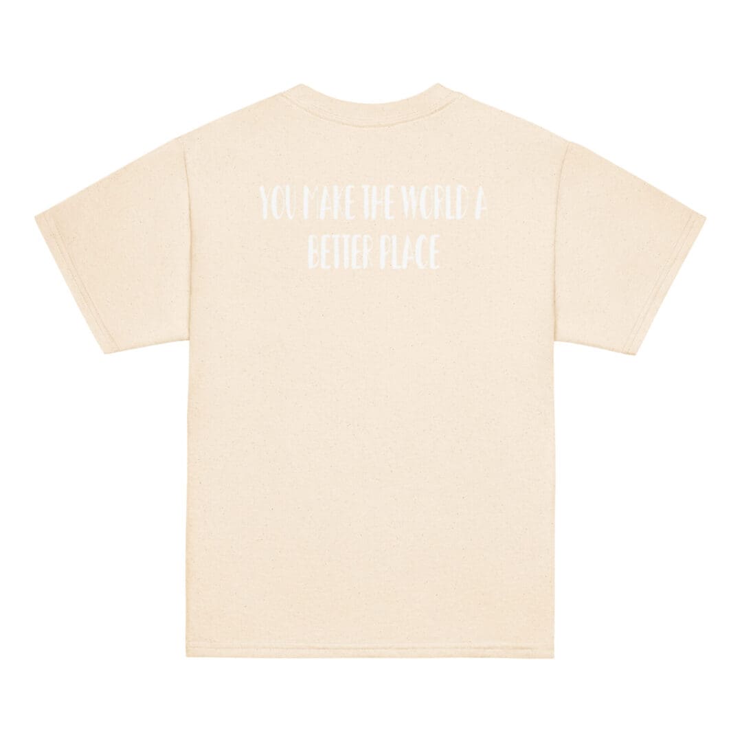 Back of beige T-shirt with white text.