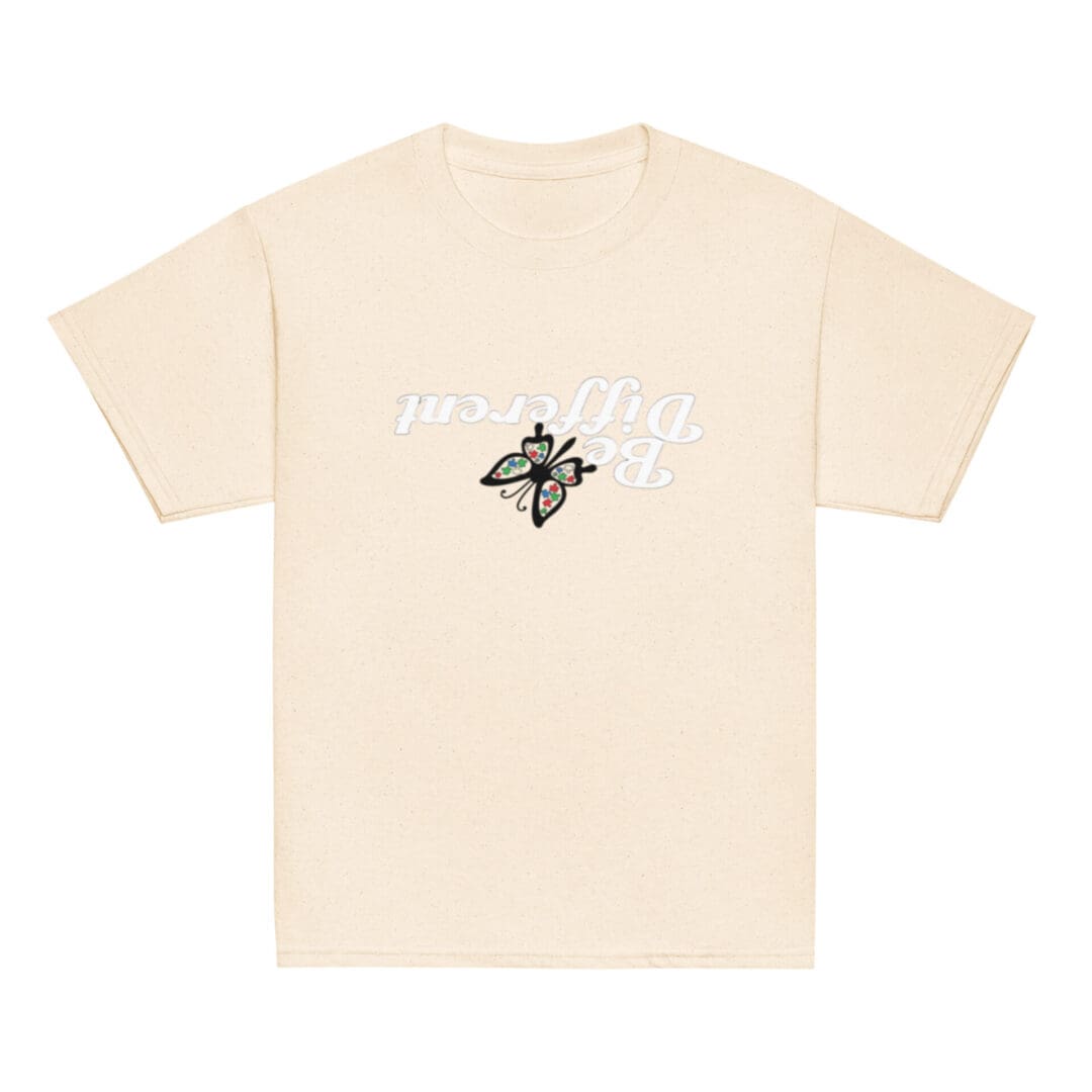Beige t-shirt with floral butterfly design.