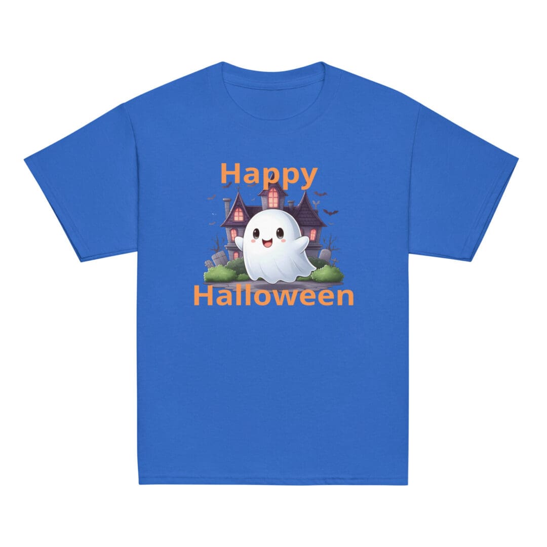 Blue shirt with Halloween ghost design.