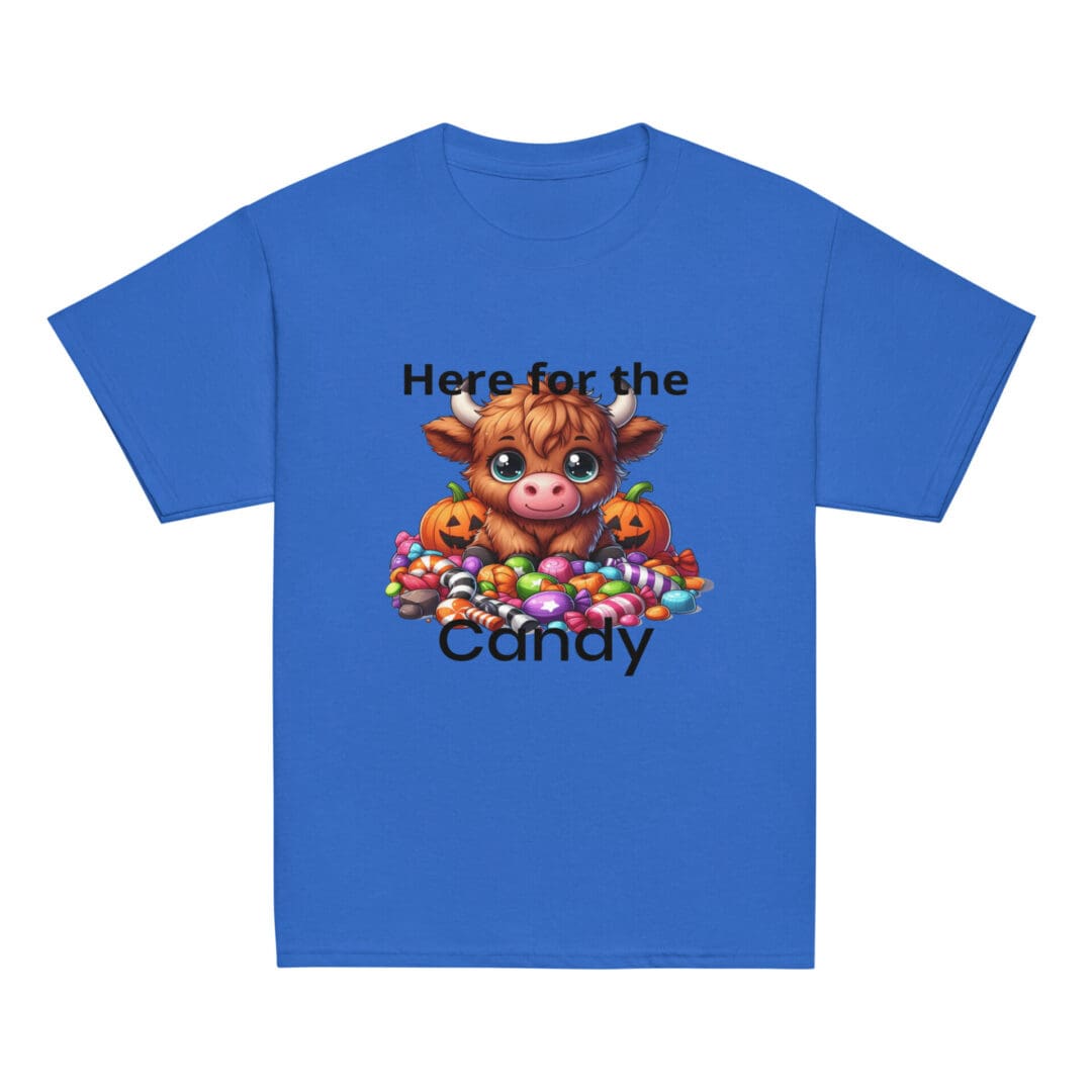 Blue shirt with cute cow and candies.