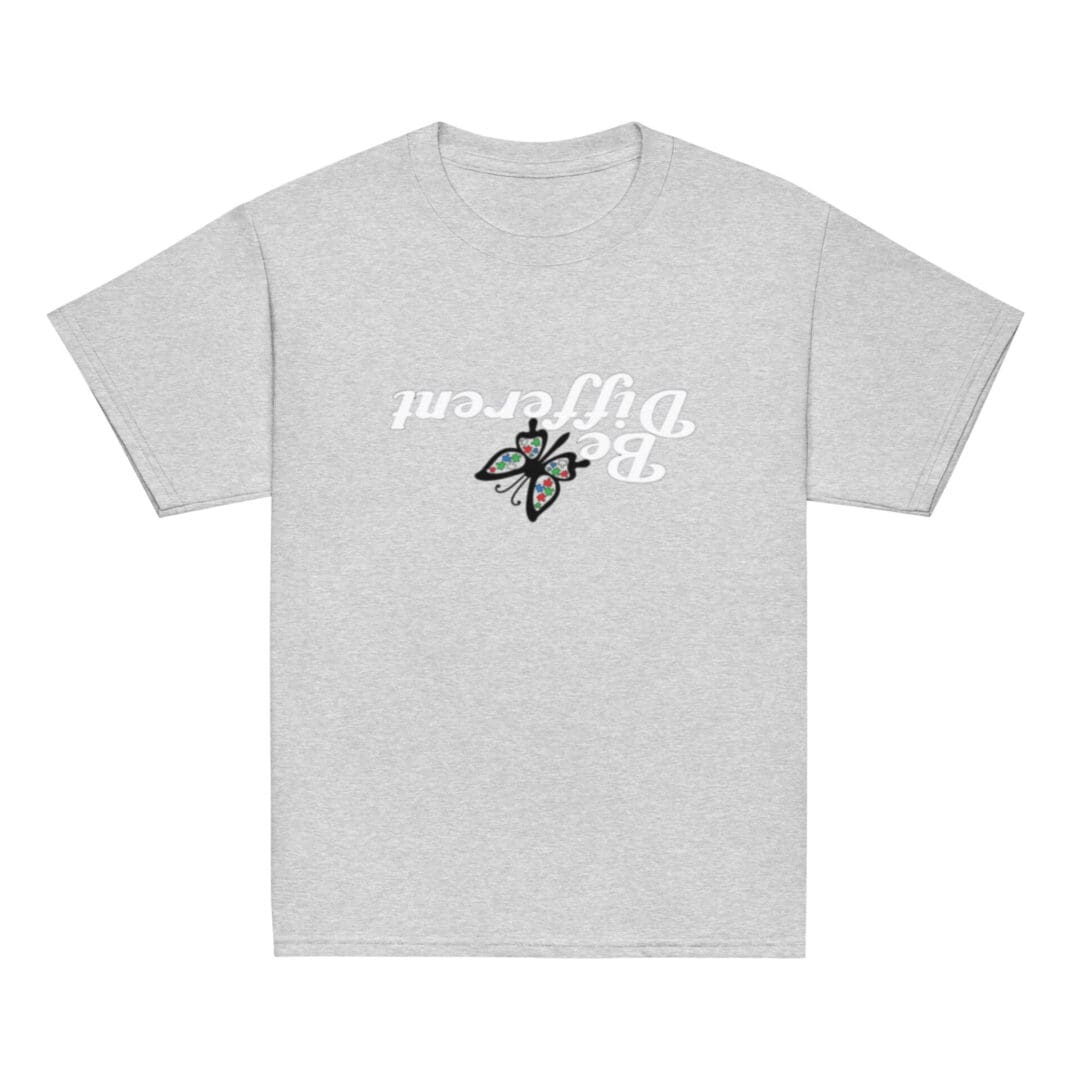 Gray shirt with "Be Different" and butterfly.