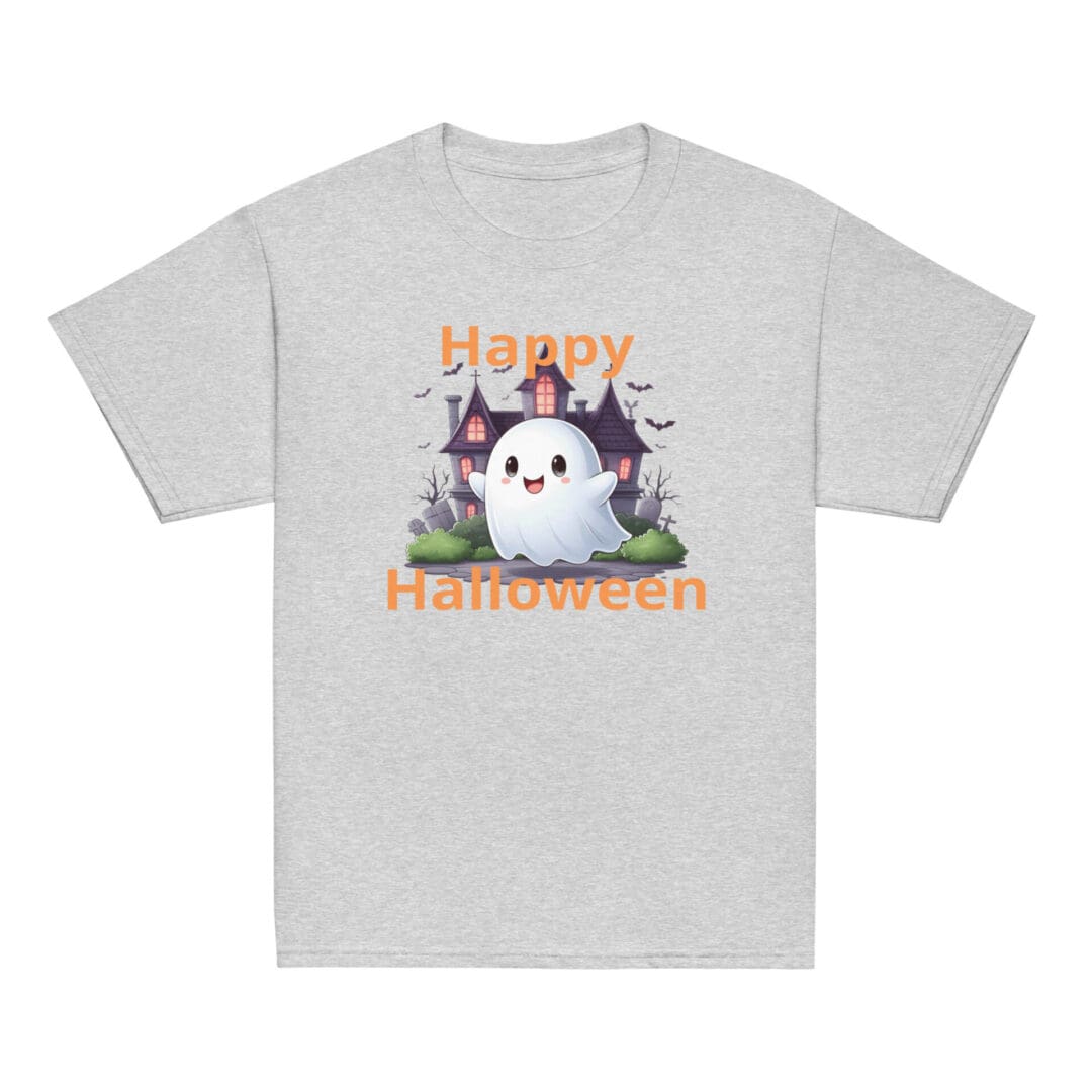 Gray T-shirt with Halloween ghost design.