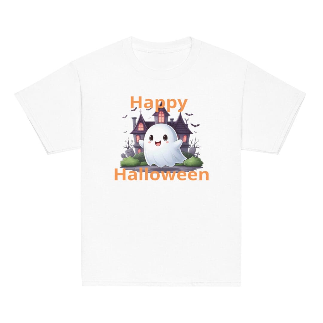 White shirt with Halloween ghost design.