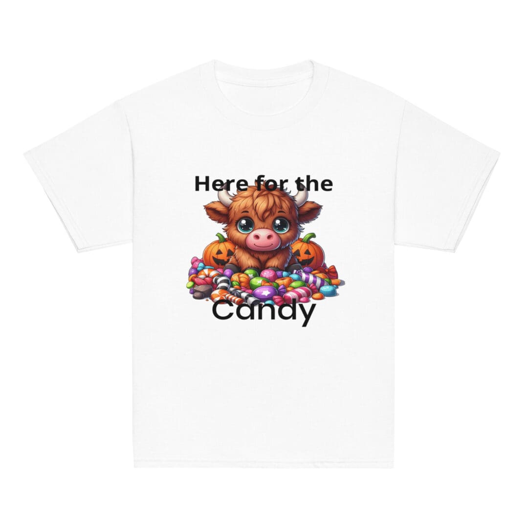 Cow and candies on white t-shirt.