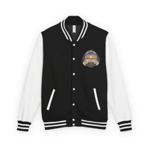 Black varsity jacket with sunrise crest